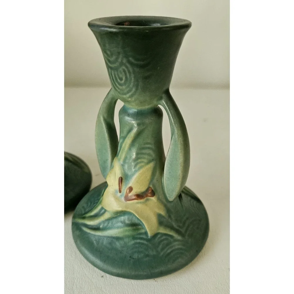 Roseville Pottery Pair of Zephyr Lily Green Candle Holders 1163-4 1/2